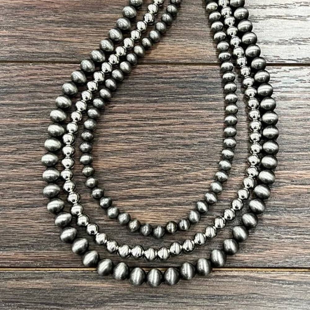 Handmade Navajo-Style 3-Strand Western Bead & Silver-Tone Necklace